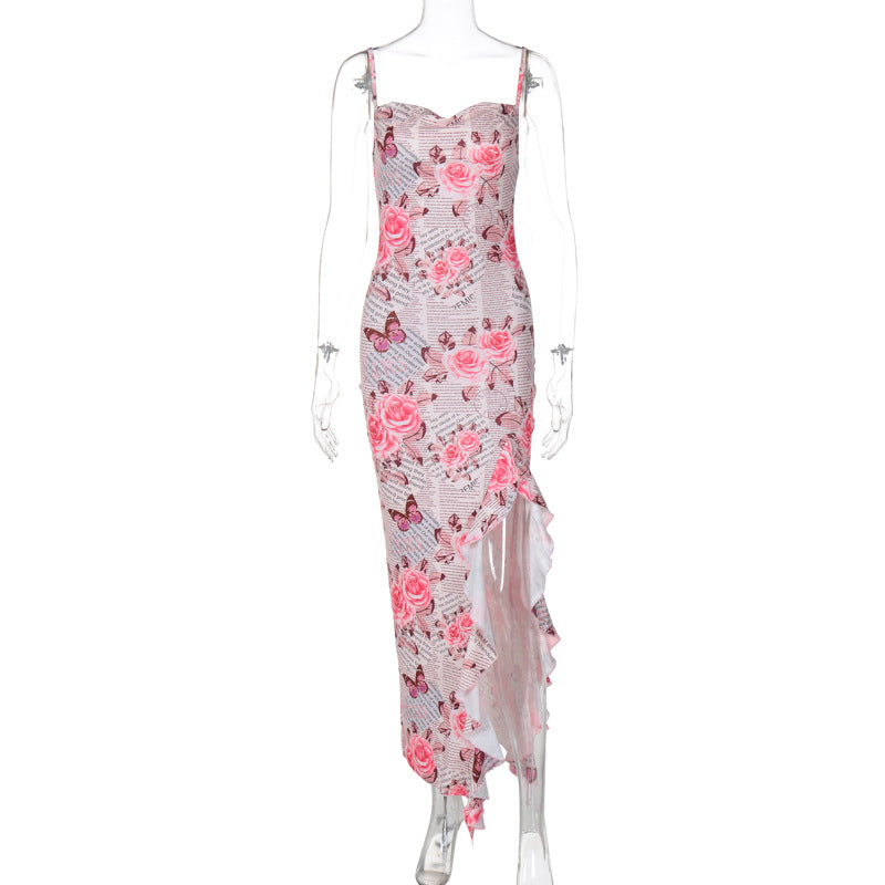 Floral Fantasy: Ruffled High Slit Strap Dress for Summer