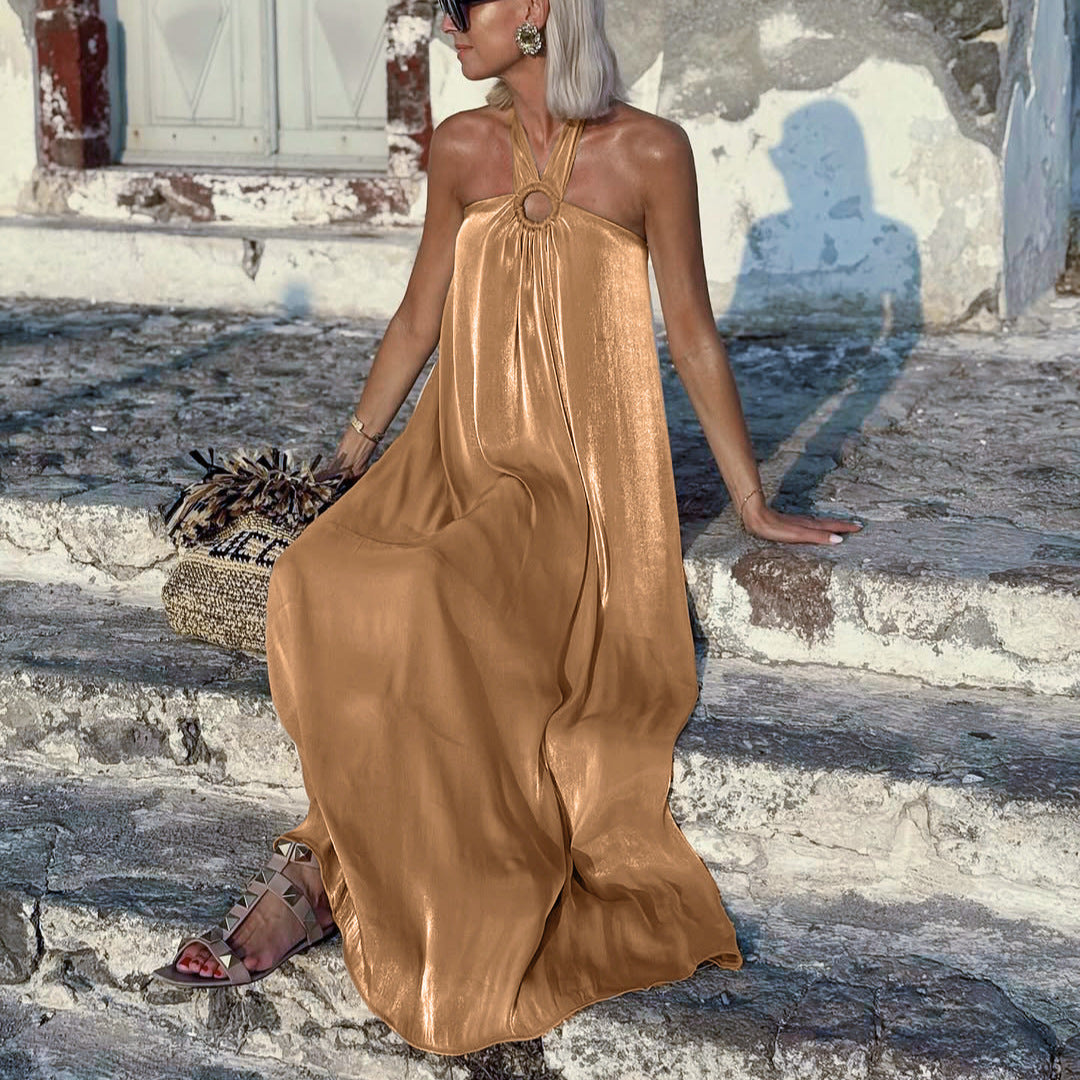 Khaki Halter Lace-Up Backless A-Line Maxi Dress | Sleeveless Ring Detail Elegant Dress | Sizes S-L