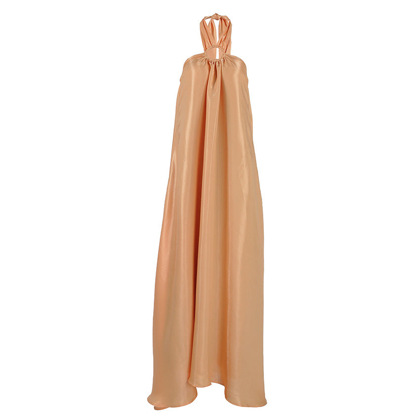 Khaki Halter Lace-Up Backless A-Line Maxi Dress | Sleeveless Ring Detail Elegant Dress | Sizes S-L
