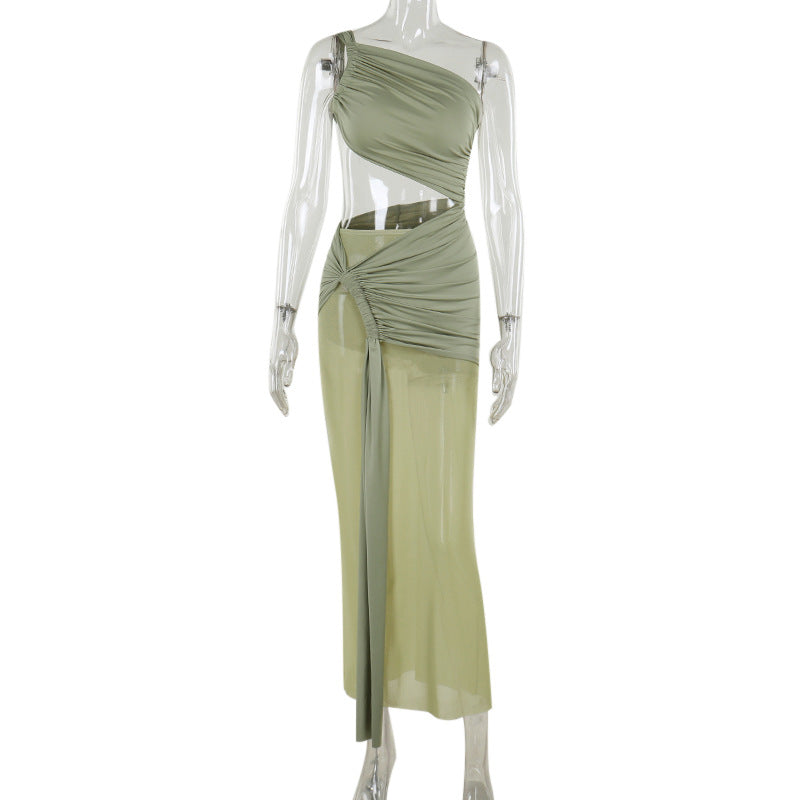 Sexy One-Shoulder Mesh Ribbon Maxi Dress – Asymmetric Ruched Design