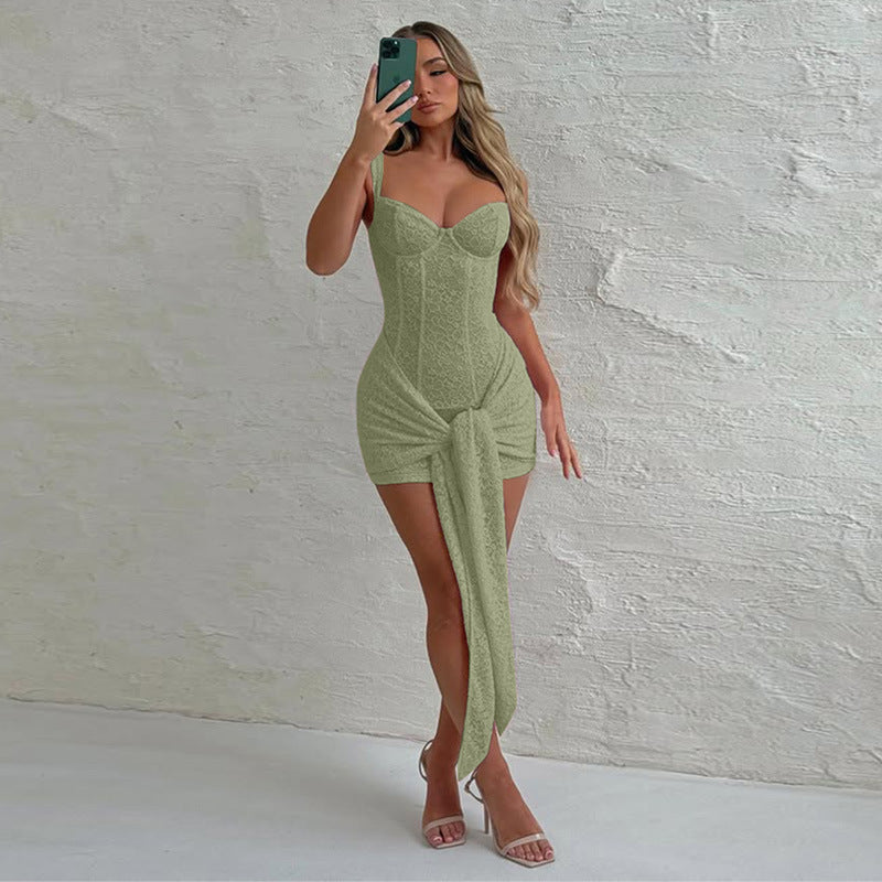Lace Patchwork V-Neck Mini Dress – Cinched Bandage Cami Style