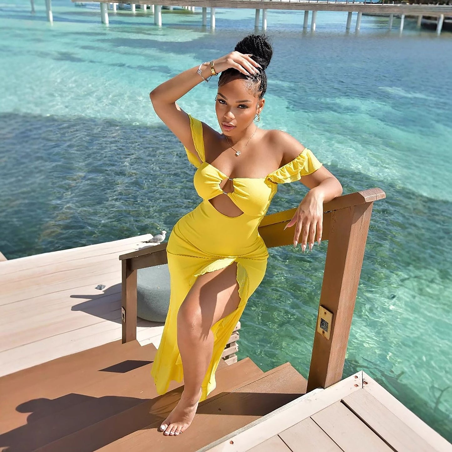 Yellow Off Shoulder Cutout Maxi Dress - Ruffle Ring Detail Party Dress