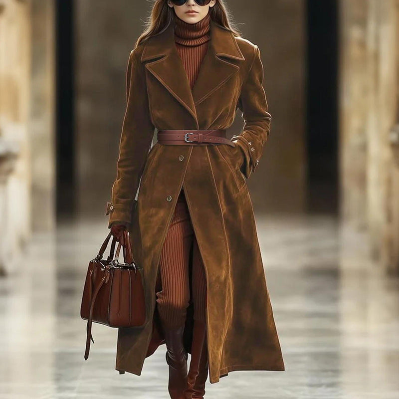 Women’s Loose Brown Long Sleeve Overcoat – Single-Breasted Belted Outerwear with Pockets