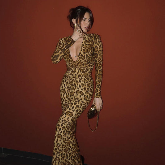 Leopard Print Maxi Dress: Long Sleeve Twist Front Bodycon Gown