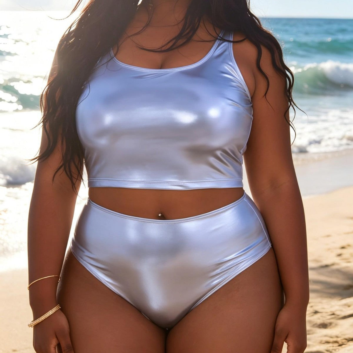 Plus Size Metallic Silver Back Split Bikini Set | Bronzing Vest Swimsuit | Sizes 0XL-4XL