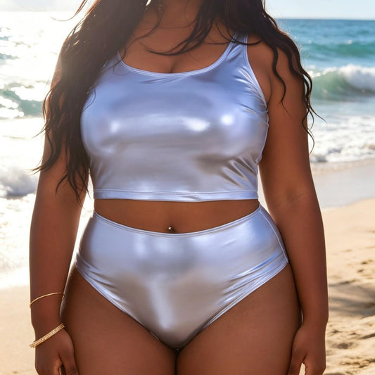 Plus Size Metallic Silver Back Split Bikini Set | Bronzing Vest Swimsuit | Sizes 0XL-4XL