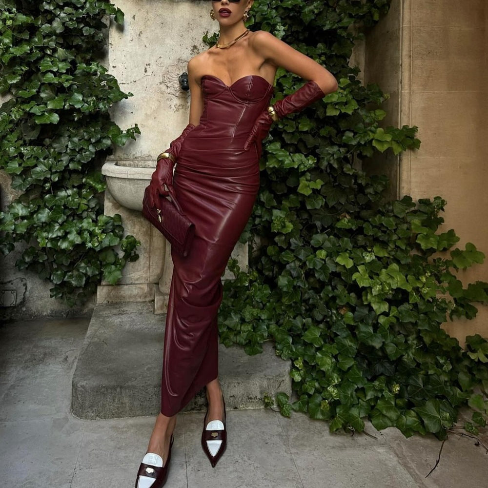 Burgundy Faux Leather Tube Dress: Strapless Split-Hem Bodycon