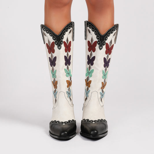 Chunky Heel Butterfly Denim Cowboy Boots