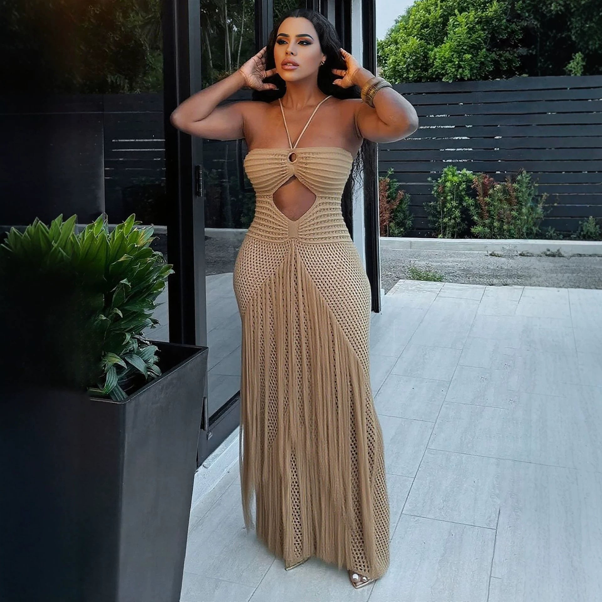 Knitted Halter Maxi Beach Dress | Cutout Fringe Drawstring Cover-Up | London's Closet London's Closet Boutique Knitted Halter Maxi Beach Dress | Cutout Fringe Drawstring Cover-Up | London's Closet London's Closet Boutique