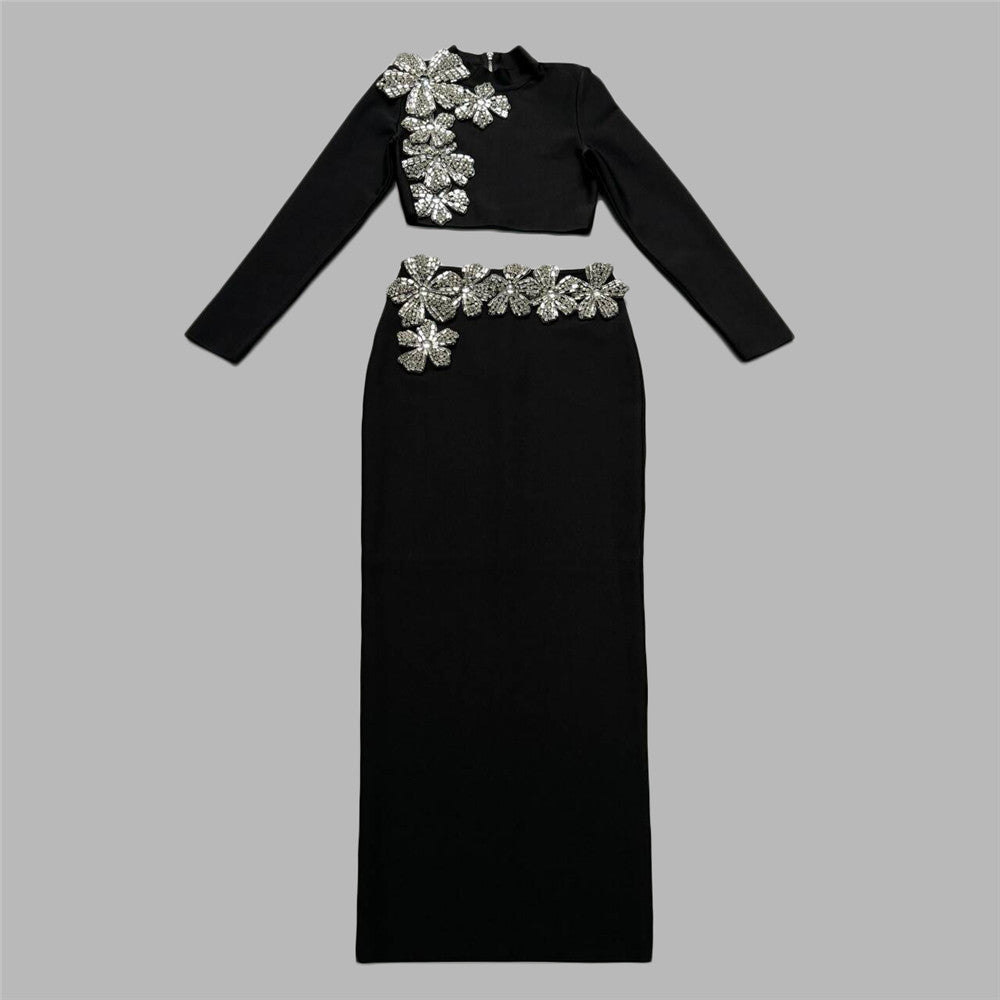 Luxury Black Half-Turtleneck Long Sleeve Bandage Skirt Set - Two Piece Bodycon