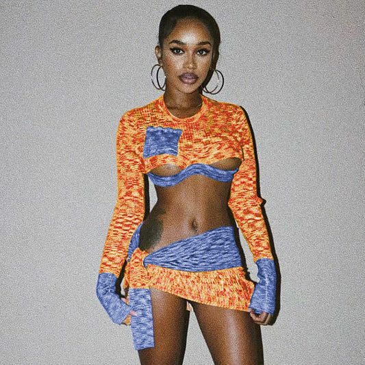 Sexy Color Block Cutout Crop Top & Skirt Set - Long Sleeve