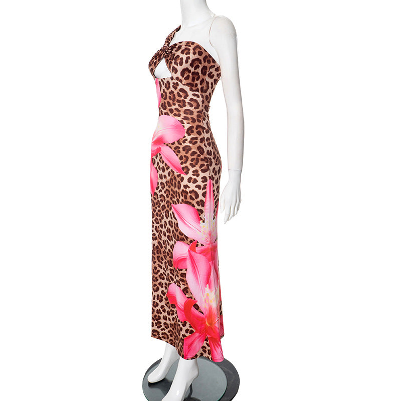 Sexy Leopard Print One-Shoulder Maxi Dress – Asymmetric Cutout Bodycon Gown