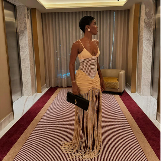Sexy V-Neck Fringe Bodycon Maxi Dress - Party & Club