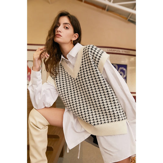 Knitted Plaid V-Neck Sweater Vest