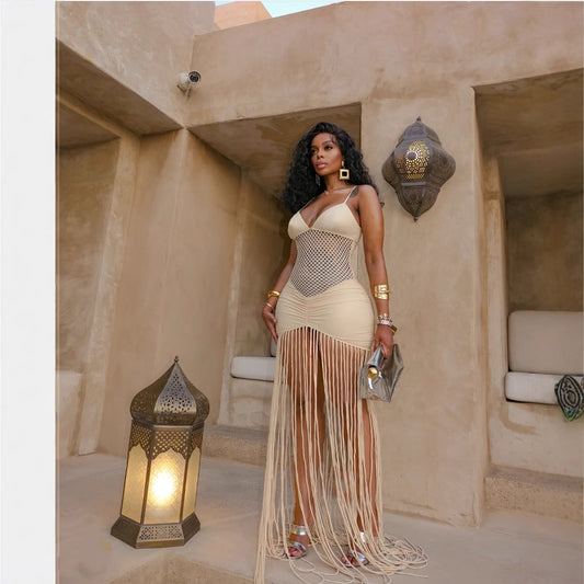 Sexy V-Neck Fringe Bodycon Maxi Dress - Party & Club