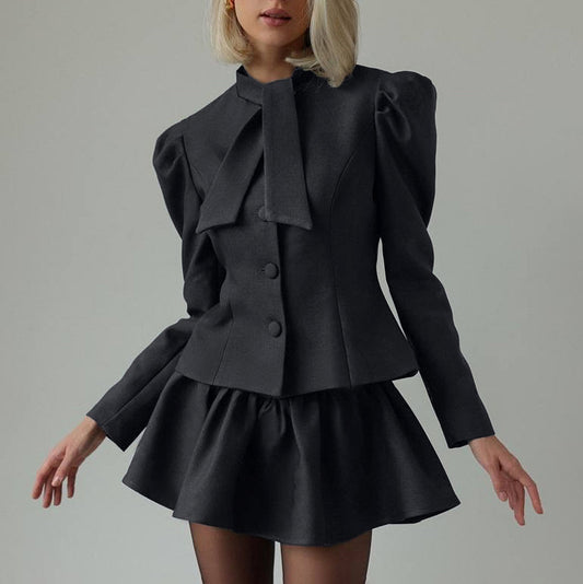 Slim-Fit Bow Tie Top & Skirt Suit