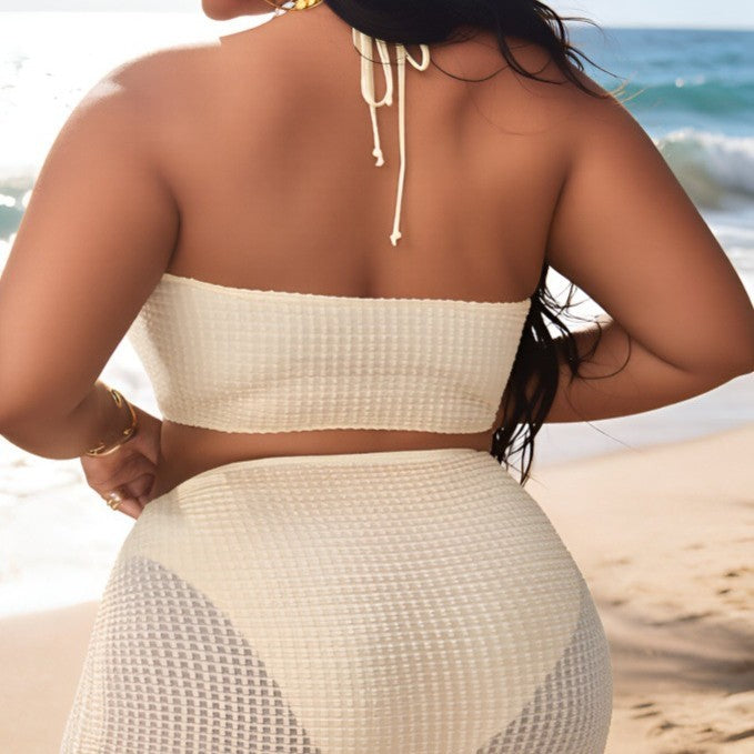 Plus Size Cross Halter Tie Bikini & Overskirt Three-Piece Set | Boho Beach Swimsuit | Ivory | Sizes 0XL-4XL