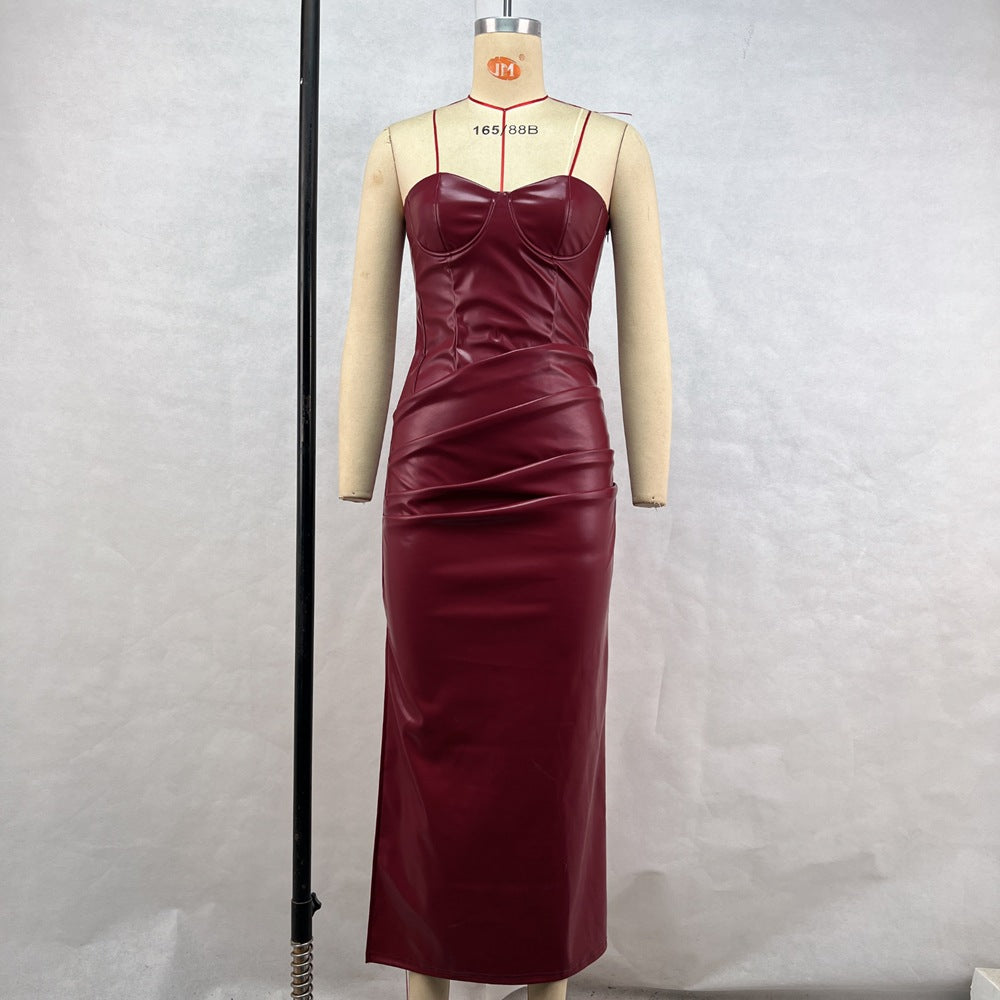 Burgundy Faux Leather Tube Dress: Strapless Split-Hem Bodycon London's Closet Boutique Burgundy Faux Leather Tube Dress: Strapless Split-Hem Bodycon London's Closet Boutique
