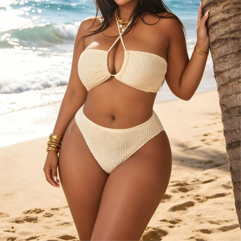 Plus Size Cross Halter Tie Bikini & Overskirt Three-Piece Set | Boho Beach Swimsuit | Ivory | Sizes 0XL-4XL