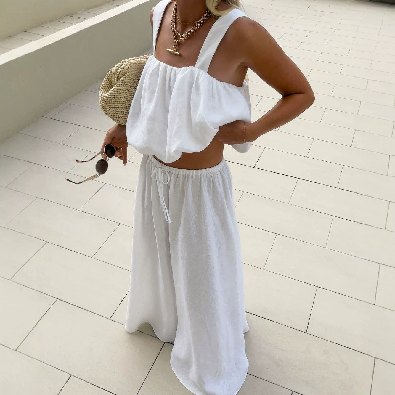 Cotton Square Neck Crop Vest & Maxi Skirt Two-Piece Set | Sleeveless Elegant Summer Set | White | Sizes S-L