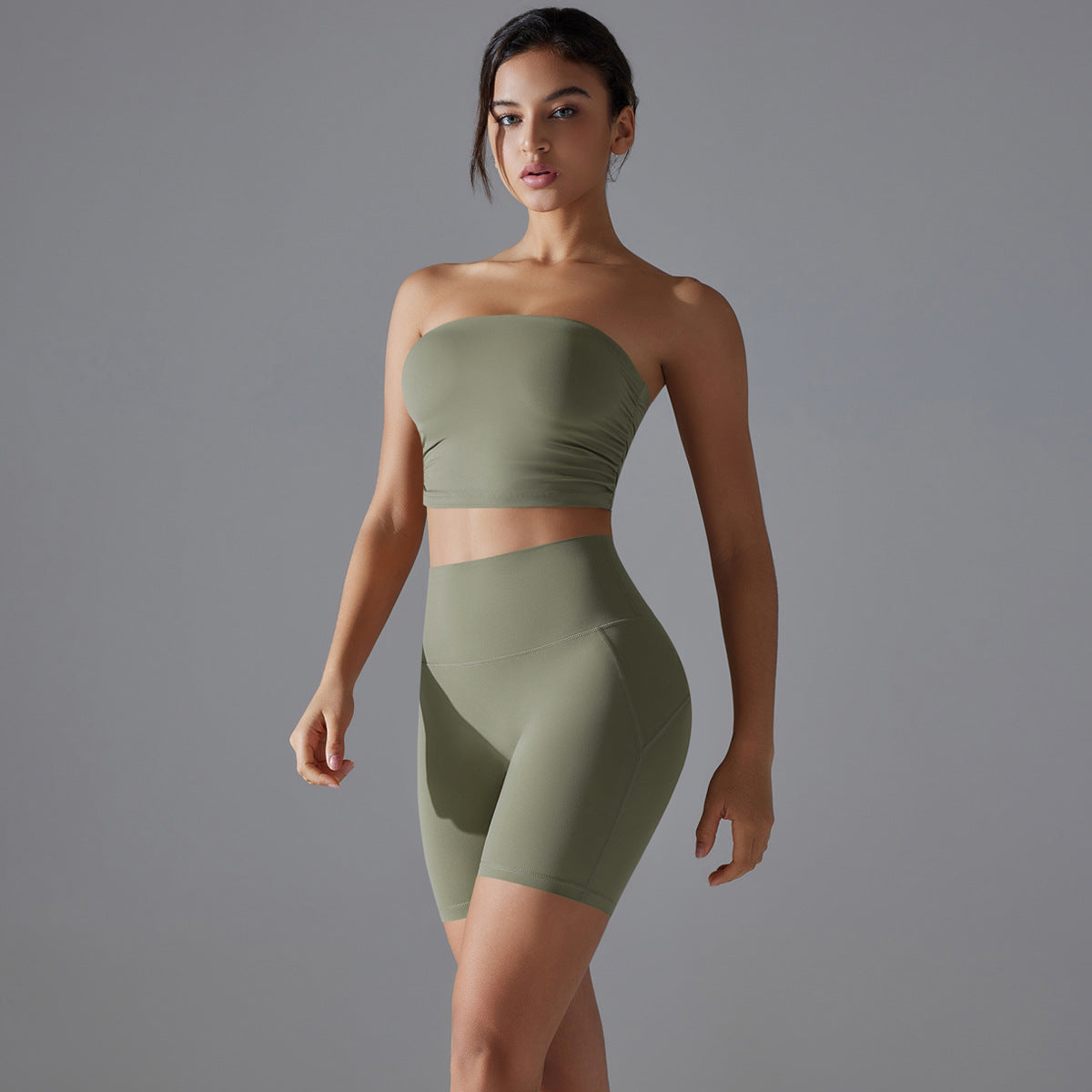 One Piece Pleated Tube Top High Waist Yoga Set