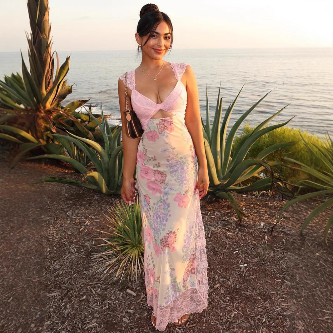 Pink Boho Cutout Maxi Dress - V-Neck Backless Floral Patchwork Vacation Dress