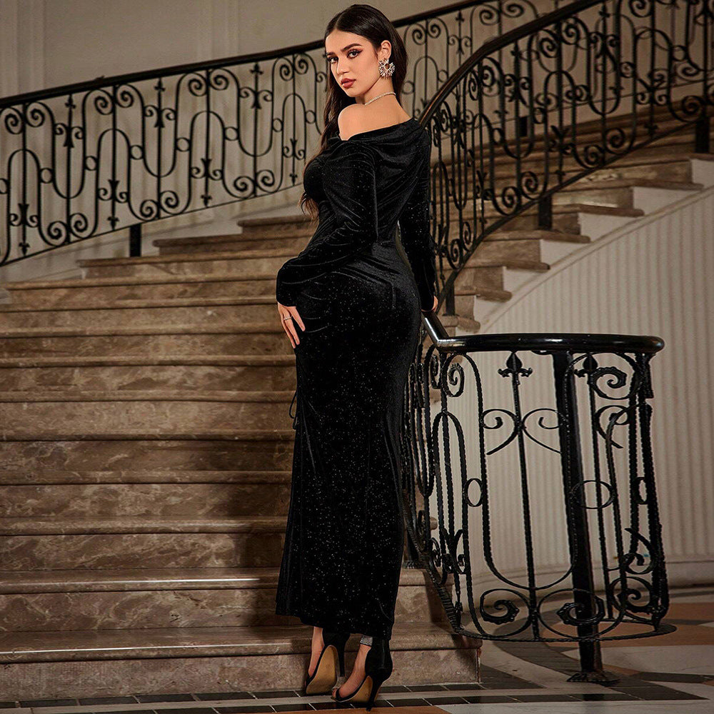 Black Slit Maxi Dress for Women: Elegant Slim Fit Socialite Evening Gown