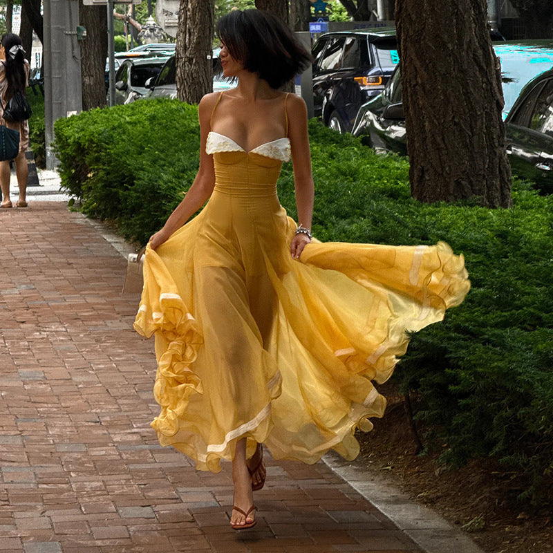 Women's Asymmetric Ruffle Maxi Dress – Slim Fit V-Neck Cami Dress