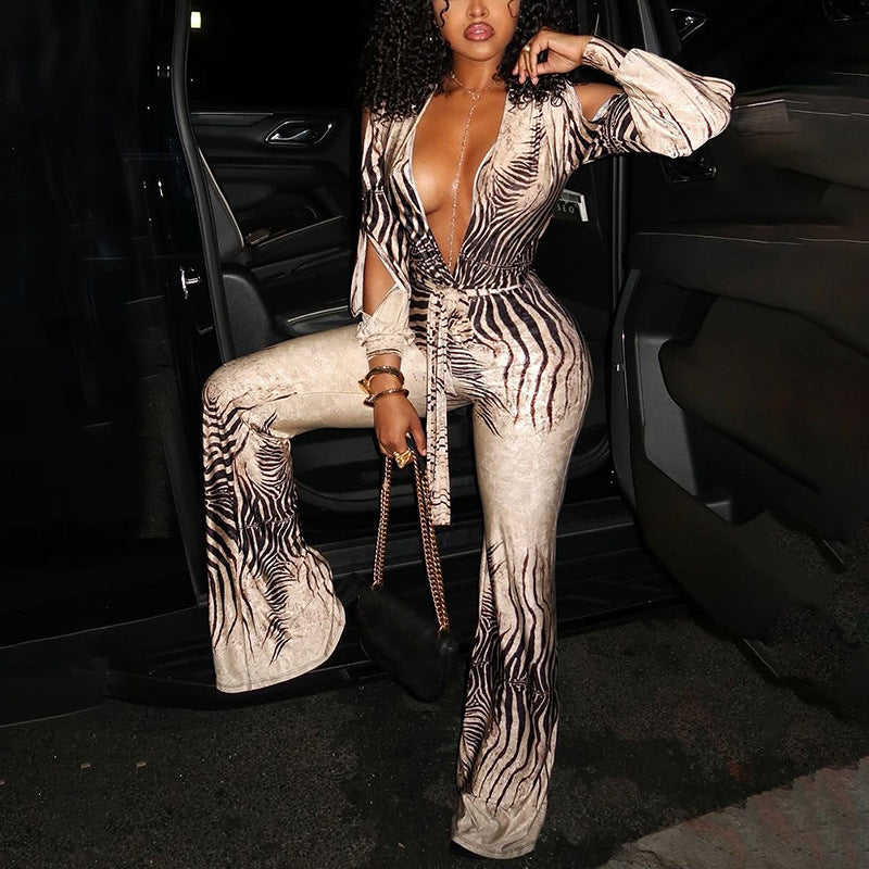 Women's Deep V Off-Shoulder High Waist Bootcut Jumpsuit