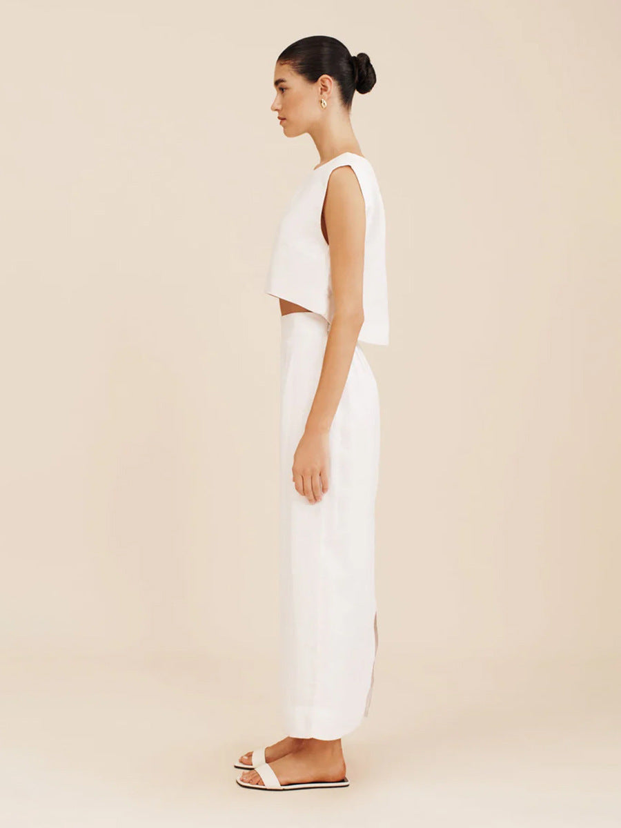 Elegant Sleeveless Two-Piece Skirt Set – High-Rise Maxi Skirt & Crew Neck Vest Top