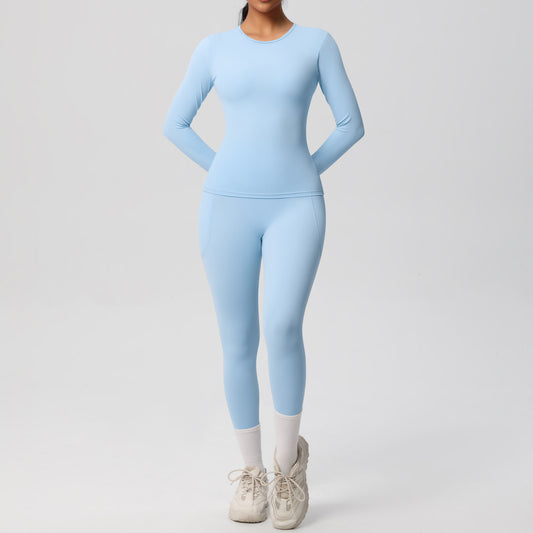 Sanding Solid Color Tight Training Long Sleeve Pocket Yoga Clothes Set Sports Running Fitness Two Piece Set