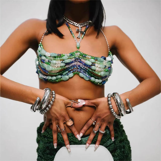 Turquoise Beaded Halter Crop Top - Chain Detail Color Block Festival Top