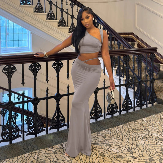 Nude One Shoulder Two-Piece Set - Asymmetric Crop Top & Maxi Skirt