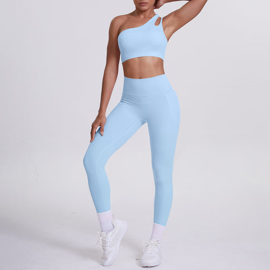 One Shoulder Cutout Yoga Bra & Pocket Pants Set | Asymmetric Sports Activewear Set | 10 Colors | Sizes S-XL