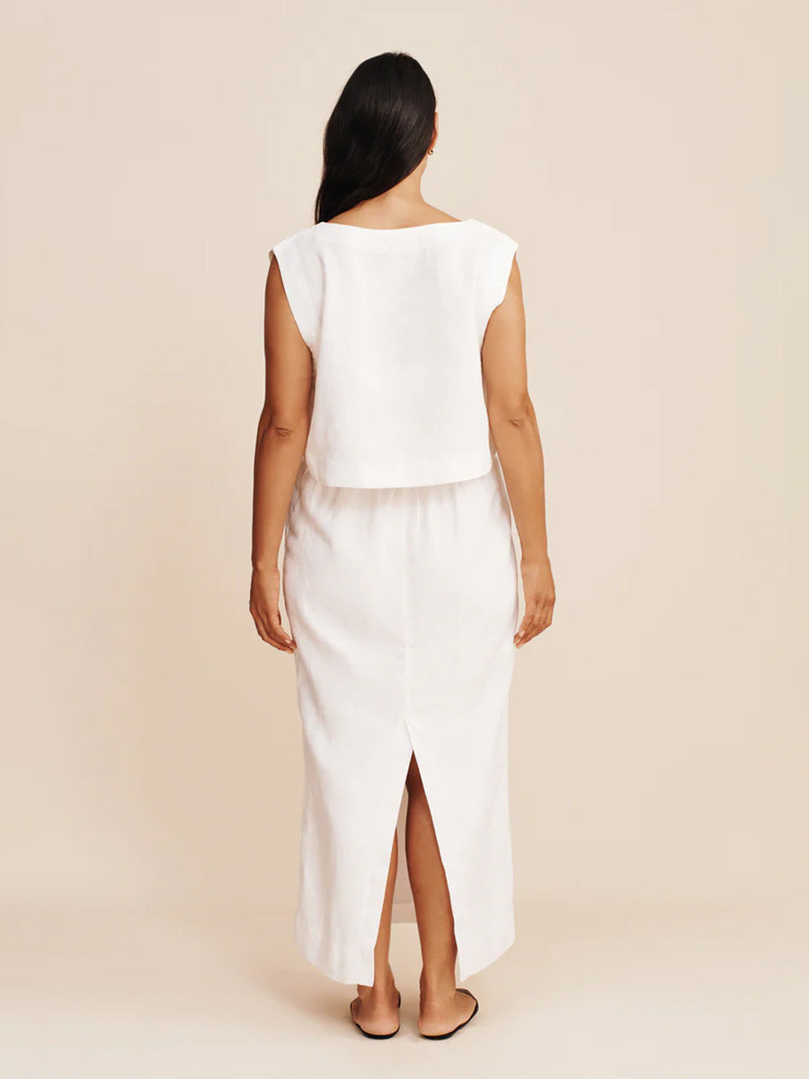 Elegant Sleeveless Two-Piece Skirt Set – High-Rise Maxi Skirt & Crew Neck Vest Top