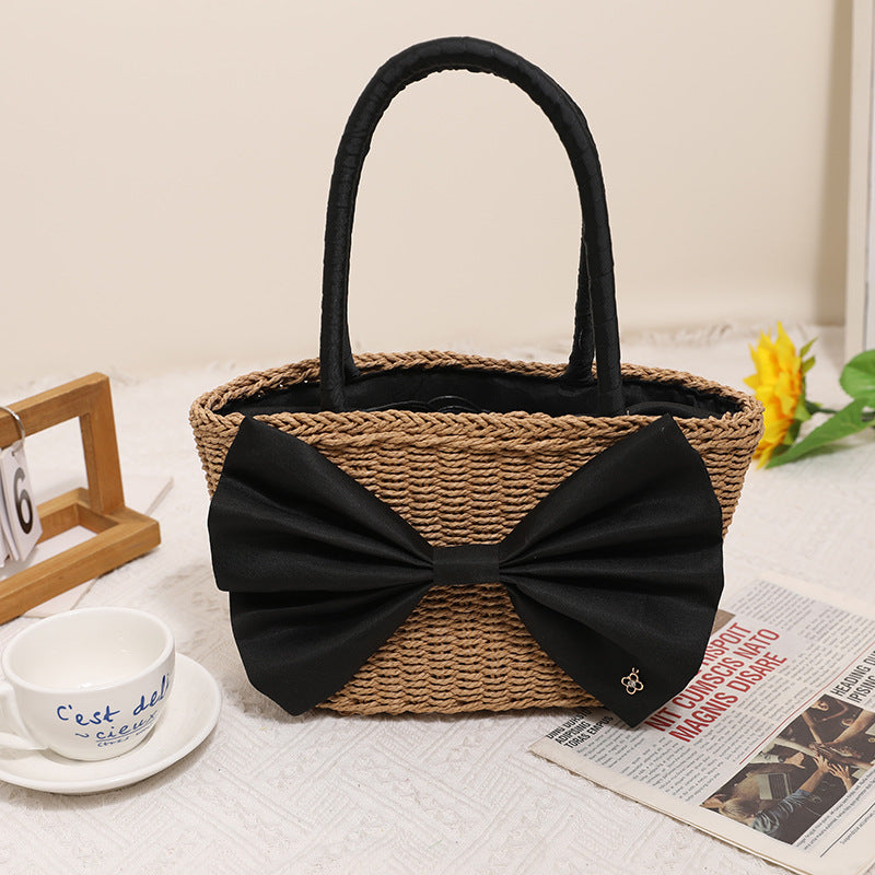 Mori Bow Straw Hand Woven Bag – Portable Rattan Weave Beach Bag for Vacation