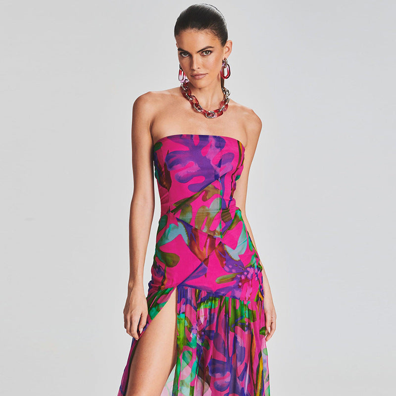 Sexy Strapless Backless Printed Maxi Dress with Split – Vacation Essential