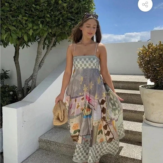 Geometric Print Spaghetti Strap Maxi Dress - High Waist A-Line Boho Vacation Dress