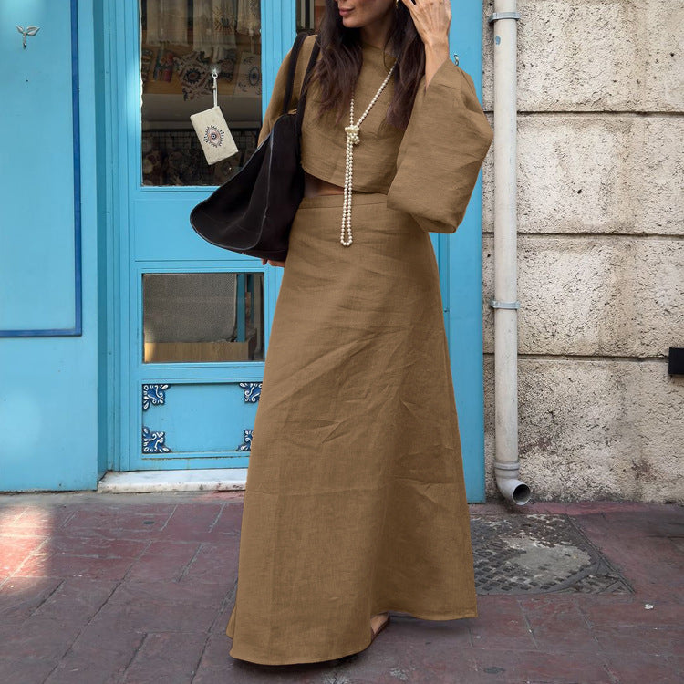 Brown Cotton Crop Top & High-Waist Maxi Skirt Set - Long Sleeve Elegant 2-Piece Set