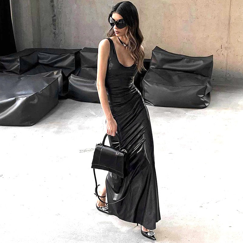 Sexy Faux Leather Split Maxi Dress