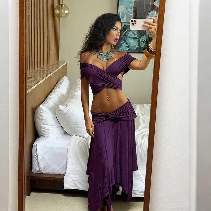Deep V-Neck Ruched Twisted Crop Top & Asymmetric Midi Skirt Set | Sleeveless Two-Piece Set | Purple | Sizes S-L