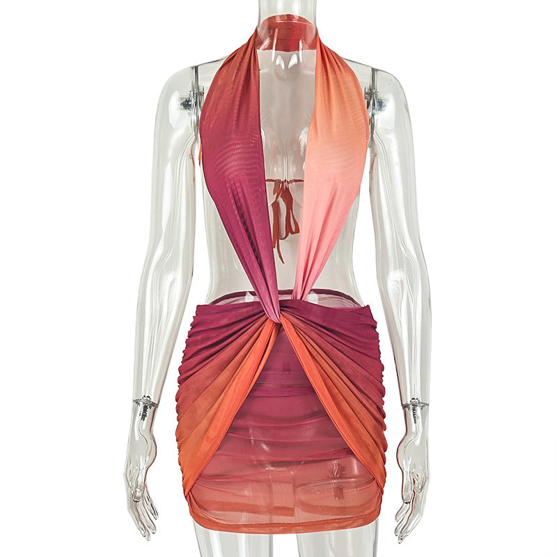 Halter Neck Ombre Ruched Backless Mini Dress | Sleeveless Bodycon Vacation Dress