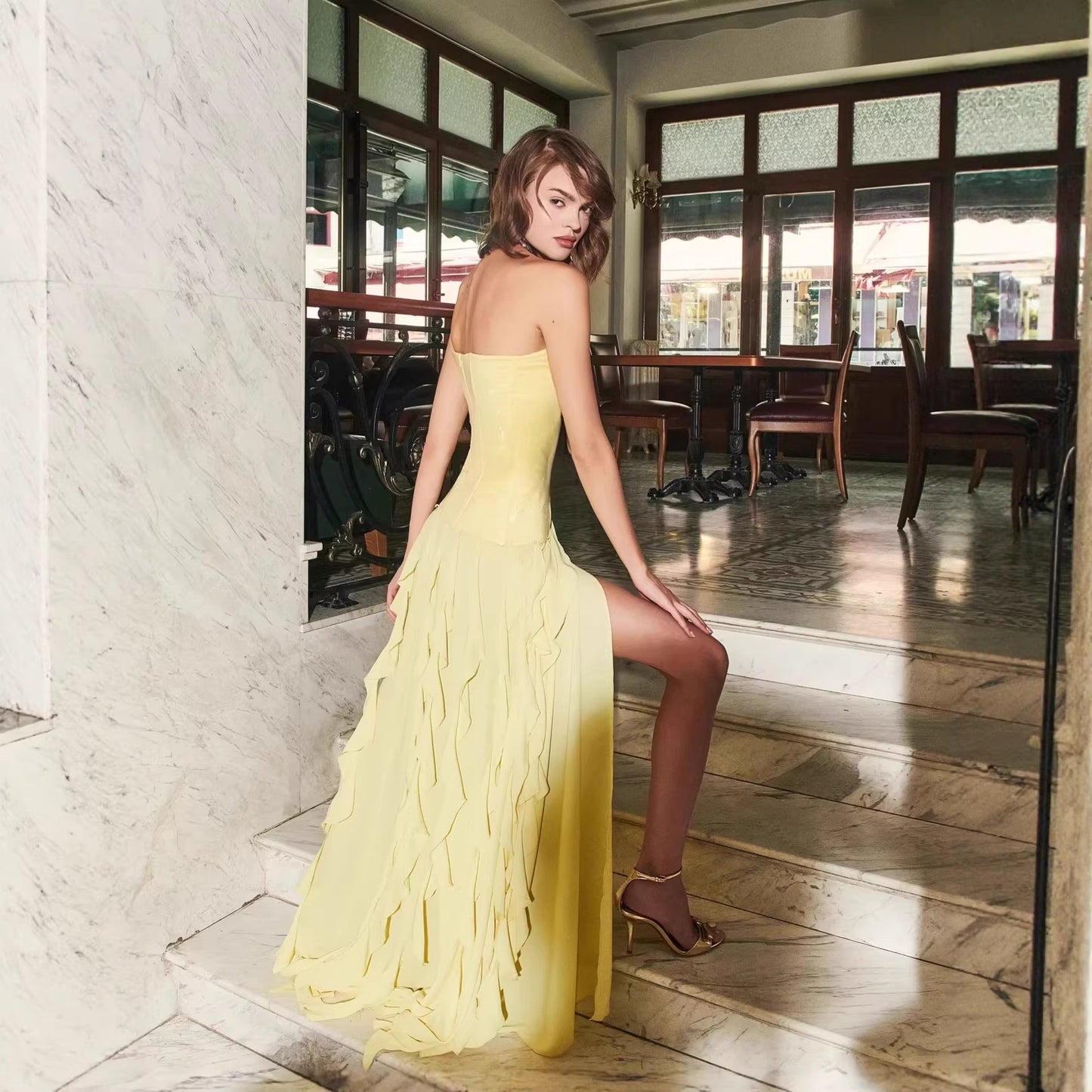 Golden Radiance Strapless Maxi Dress