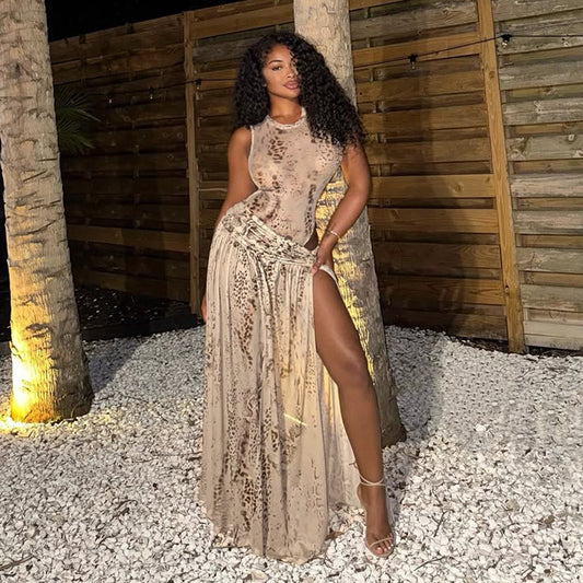 Light Gray Snake Print Jumpsuit & Maxi Slit Skirt Set - Mesh Ruched Twisted 2-Piece Set