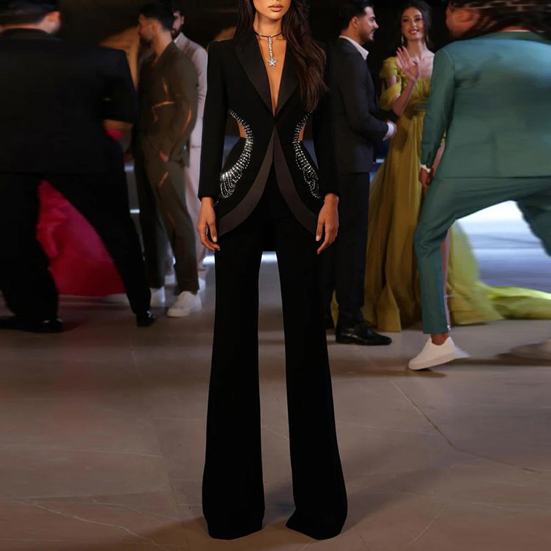 Rhinestone Cutout Backless Pant Suit