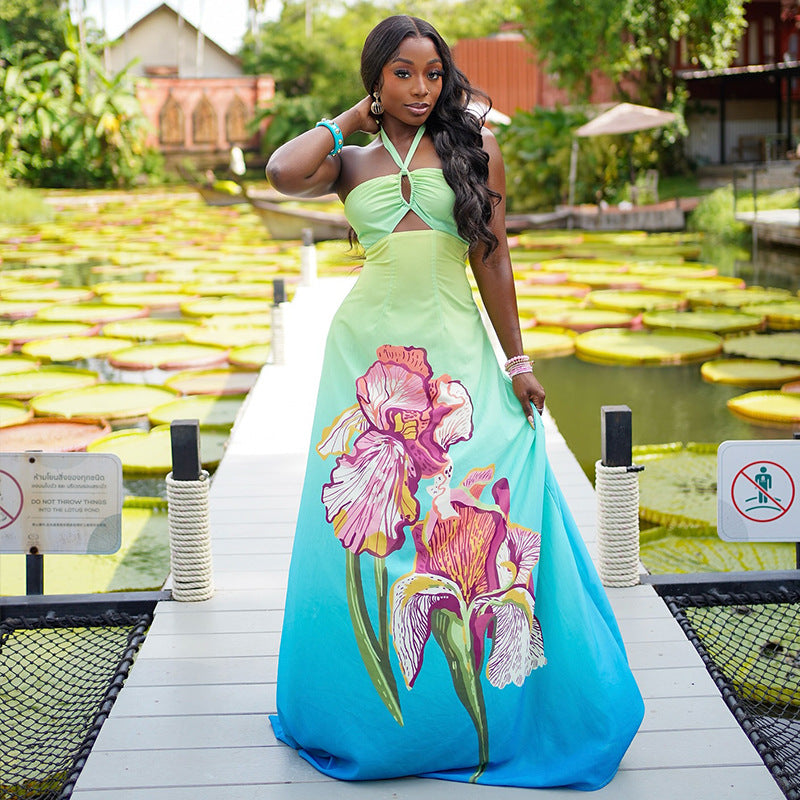 Turquoise Floral Ombre Halter Maxi Dress - Ruched Cutout A-Line Dress