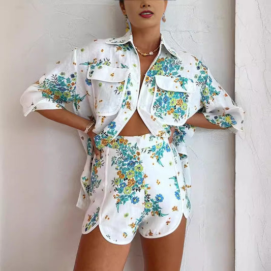 Casual Loose Fit Floral Collared Shirt and Shorts Set