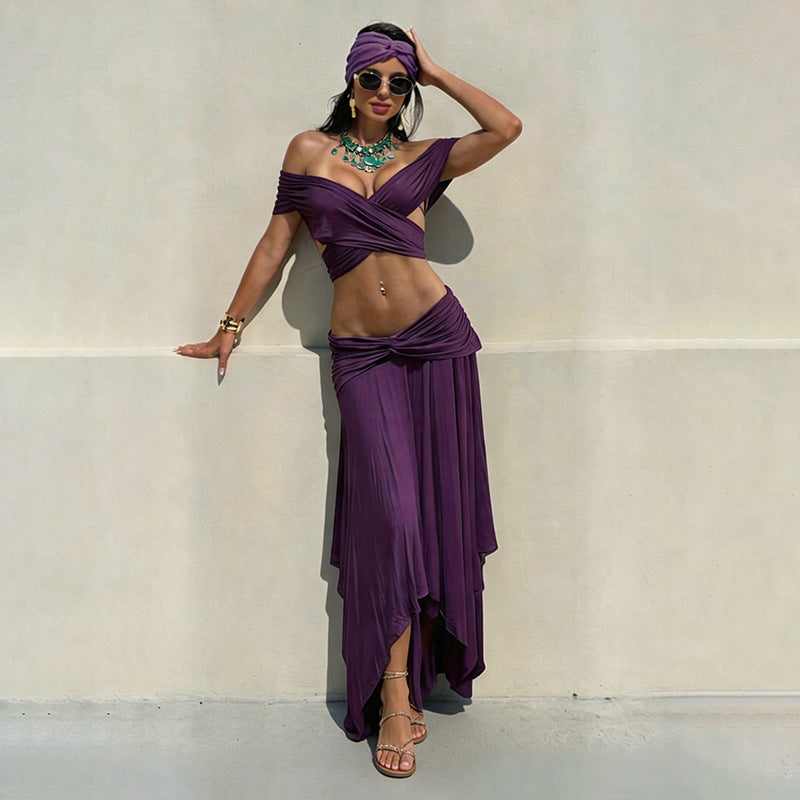 Deep V-Neck Ruched Twisted Crop Top & Asymmetric Midi Skirt Set | Sleeveless Two-Piece Set | Purple | Sizes S-L