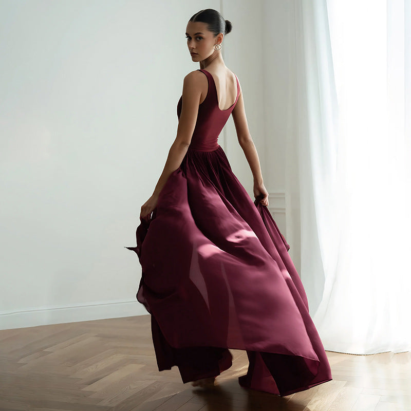 Wine Red Ruched Maxi Dress - Sleeveless Side Split A-Line Dress