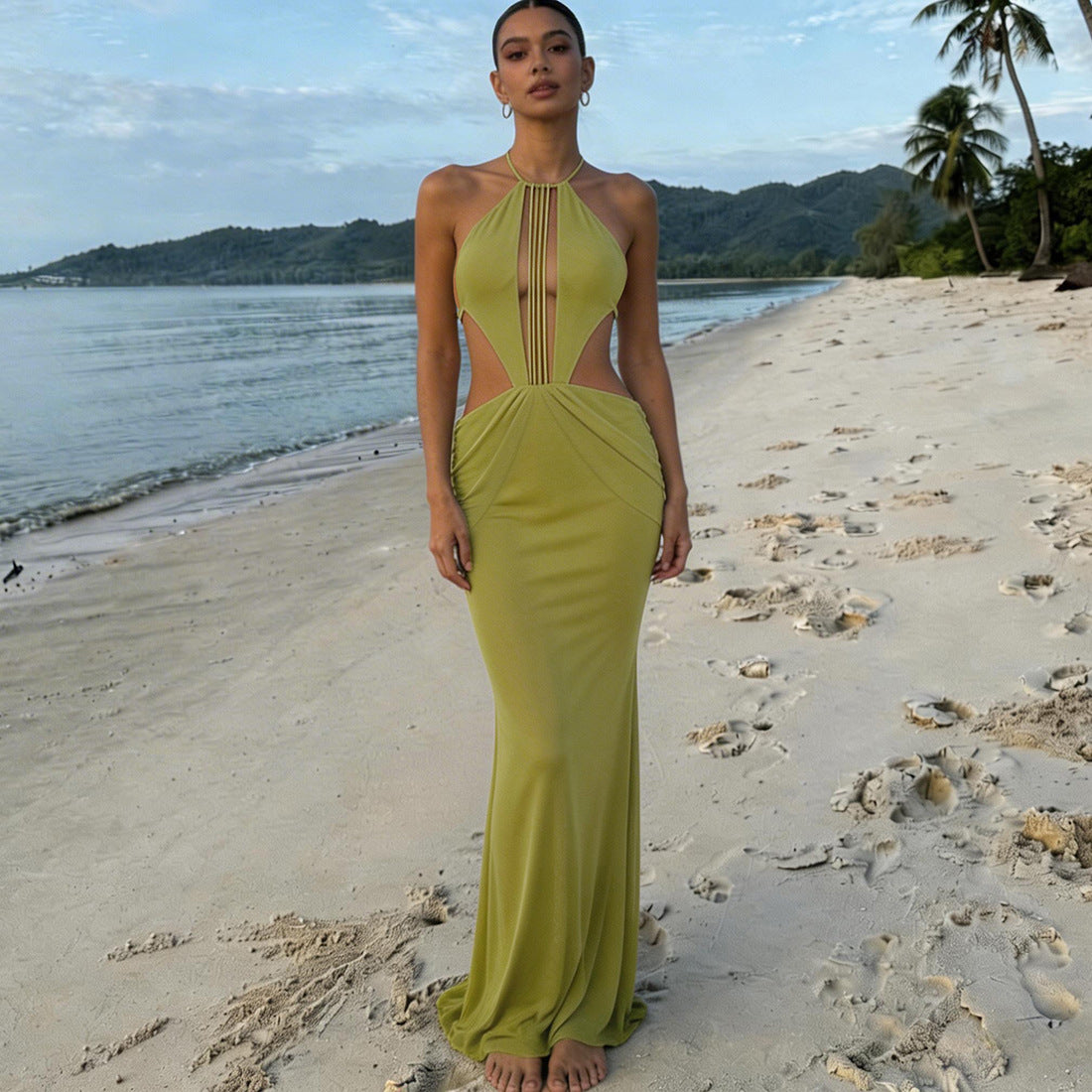 Green Mesh Halter Maxi Dress - Backless Cutout Ruched Bodycon Party Dress